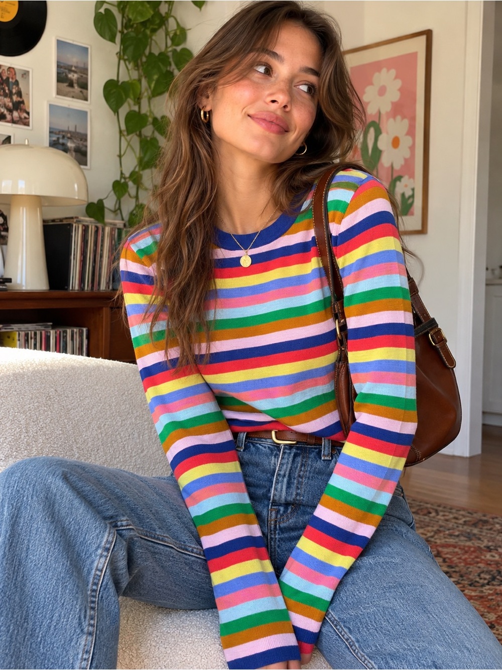 J.Crew Rainbow Stripe Long Sleeve Cotton Shirt Top Multicolor Retro Inspired MED